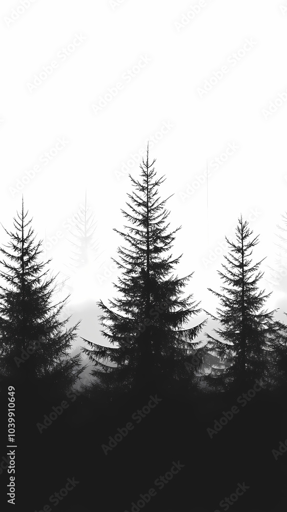 Fototapeta premium Winter forest silhouettes of fir trees and spruces with wood tree background.