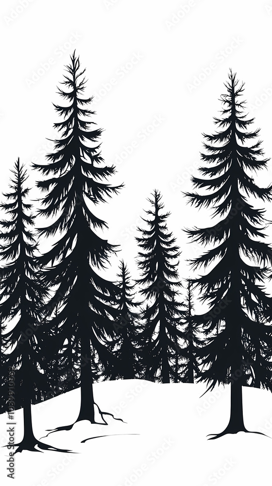 Obraz premium Winter forest silhouettes of fir trees and spruces with wood tree background.