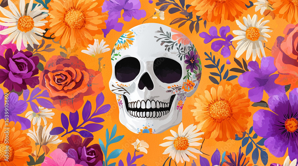 Vibrant Abstract Skull Collage with Floral Elements for Día de los Muertos Vibrant Abstract Skull Collage with Floral Elements for Día de los Muertos