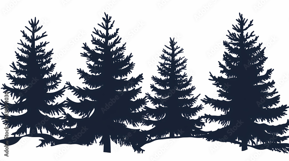 Obraz premium Winter forest silhouettes of fir trees and spruces with wood tree background.
