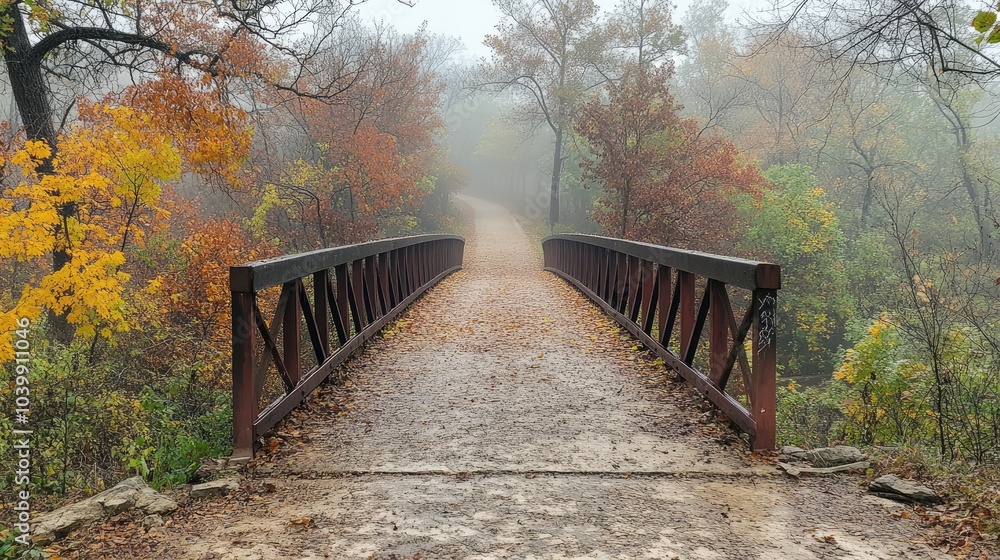 Fototapeta premium Serene Bridge in Autumn Foggy Wilderness