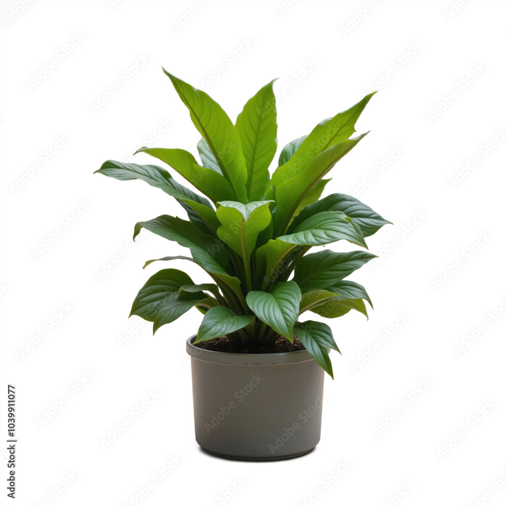 Green spathiphyllum plant growing in a pot on white background Green spathiphyllum plant growing in a pot on white background