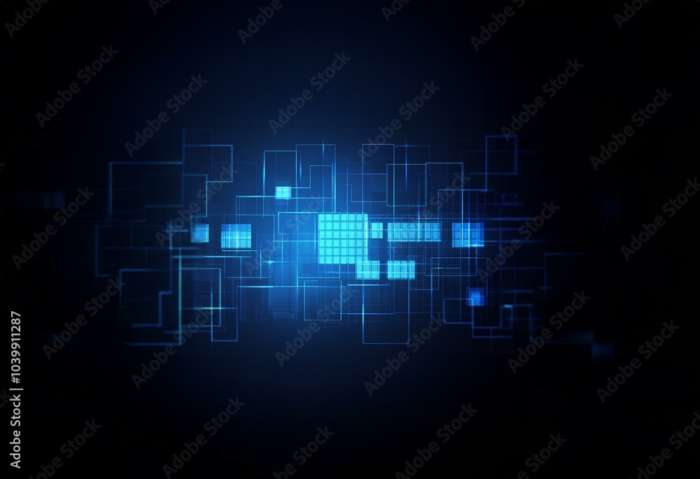Abstract blue and black digital background with glowing squares and lines. Abstract blue and black digital background with glowing squares and lines.