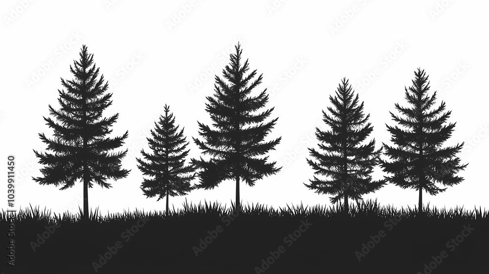 Obraz premium Winter forest silhouettes of fir trees and spruces with wood tree background.