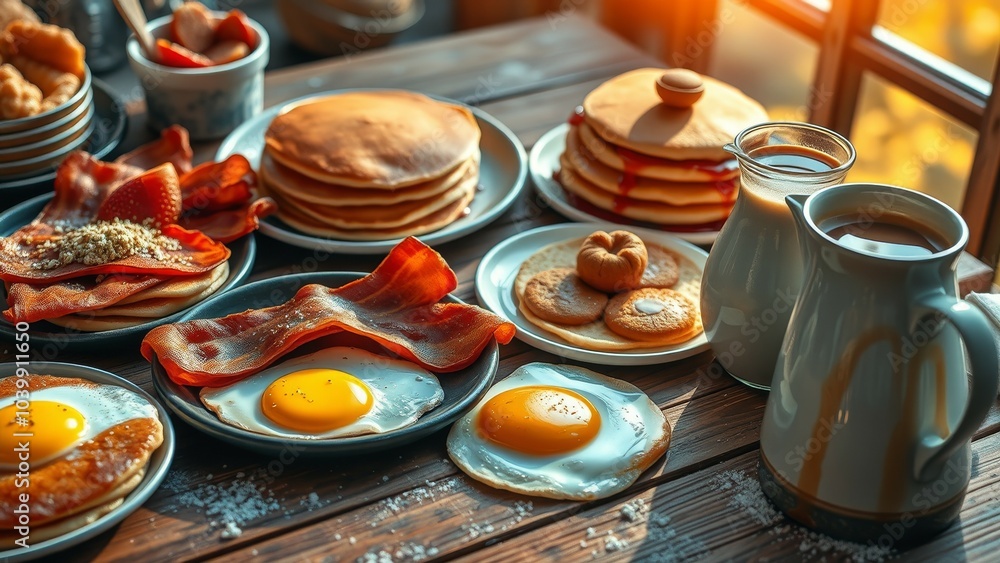 A delicious spread of breakfast foods on a wooden table. A delicious spread of breakfast foods on a wooden table.