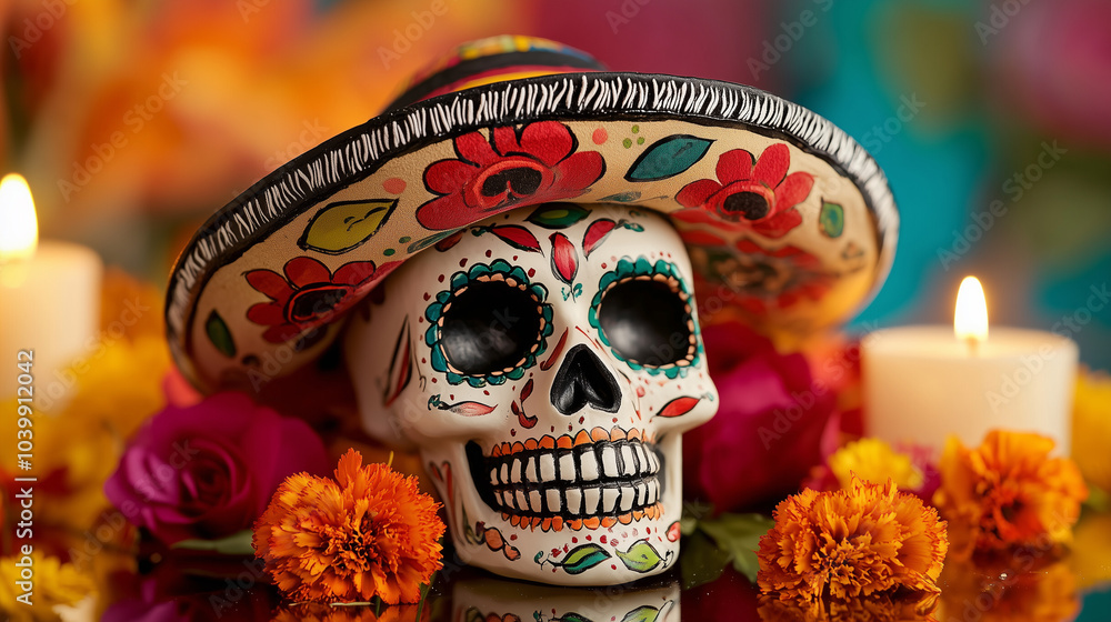 Mexican Sugar Skull with Floral Patterns and Sombrero on Altar Mexican Sugar Skull with Floral Patterns and Sombrero on Altar