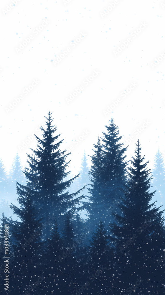 Obraz premium Winter forest silhouettes of fir trees and spruces with wood tree background.