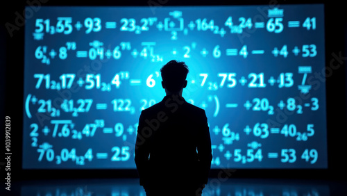 Silhouetted Person Observing Giant Movie Screen Filled with Mathematics photo