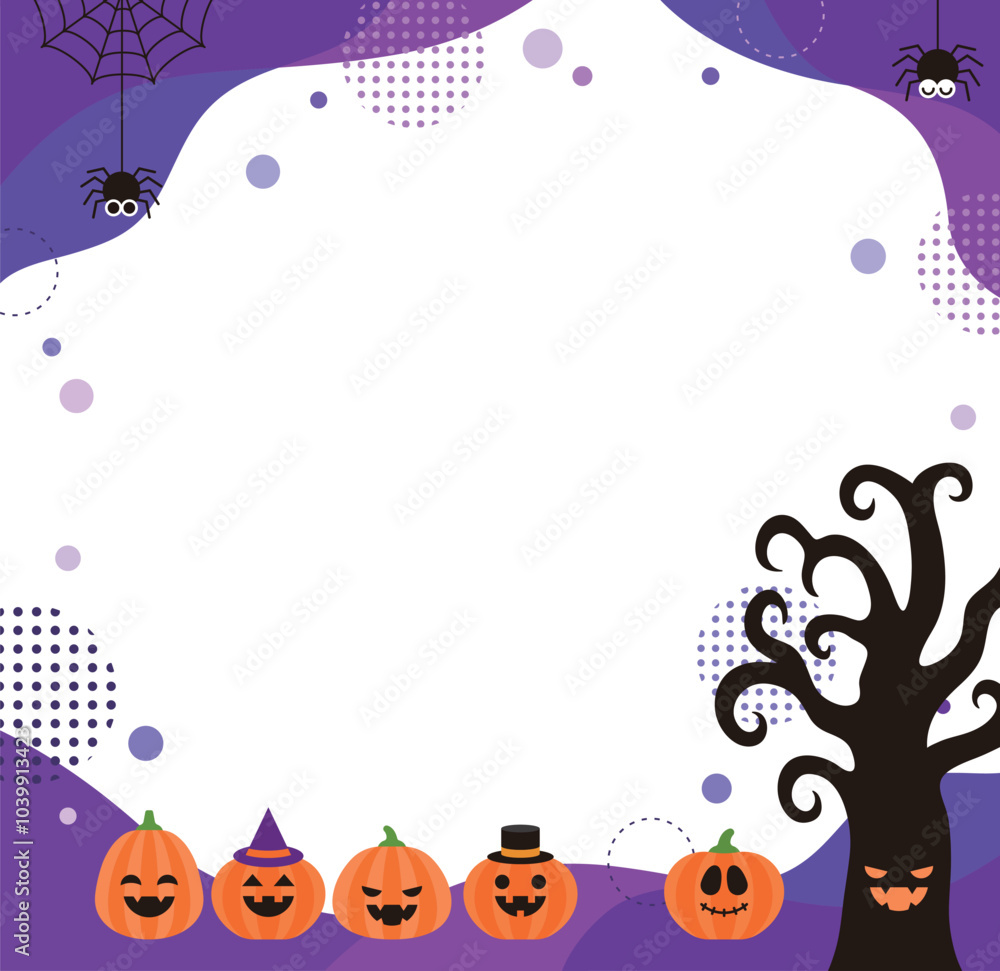 Background, banner, frame design background in autumn season Halloween concept. There are pumpkin, tree and spider characters with various expressions on an abstract, geometric pattern background. Background, banner, frame design background in autumn season Halloween concept. There are pumpkin, tree and spider characters with various expressions on an abstract, geometric pattern background.