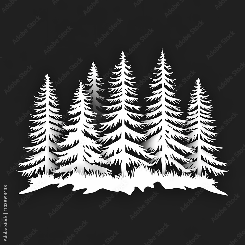 Obraz premium Winter forest silhouettes of fir trees and spruces with wood tree background.