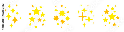 et of sparkling stars in cartoon style. Vector illustration of twinkling yellow stars isolated on white background. A group of stars.