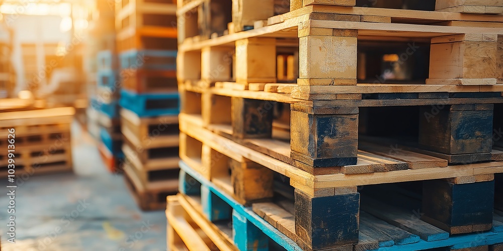 Sunlight illuminates a series of stacked wooden pallets in an industrial warehouse setting.