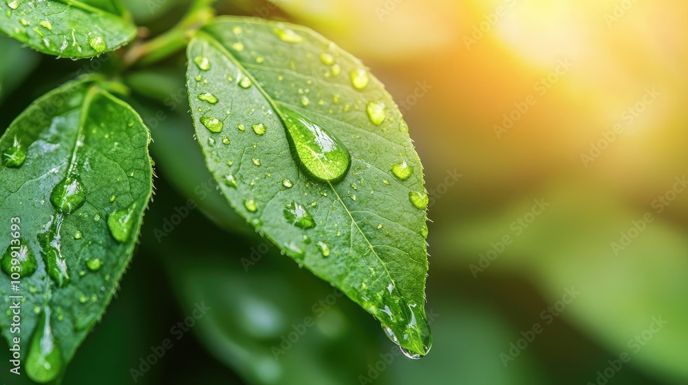 Fototapeta premium Fresh green leaves with water droplets shining in the sunlight.