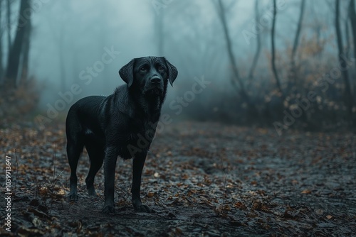 A black dog stands attentively amidst a fog-filled forest, conveying alertness and mystery.