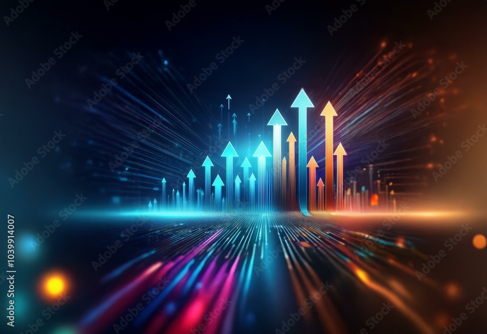 Abstract image with glowing arrows pointing upward in a dark blue background with streaks of light. Abstract image with glowing arrows pointing upward in a dark blue background with streaks of light.