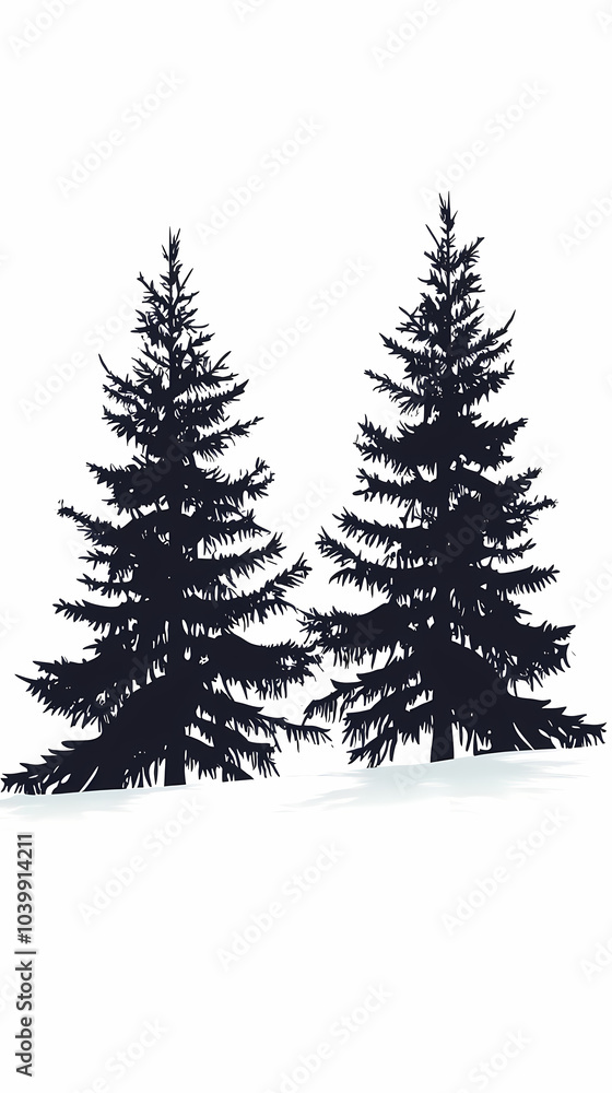 Obraz premium Winter forest silhouettes of fir trees and spruces with wood tree background.