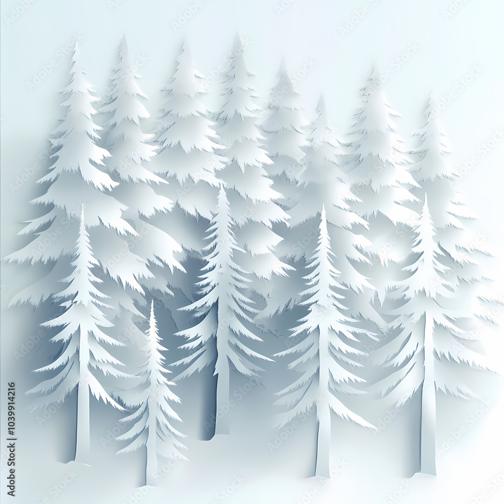 Obraz premium Winter forest silhouettes of fir trees and spruces with wood tree background.