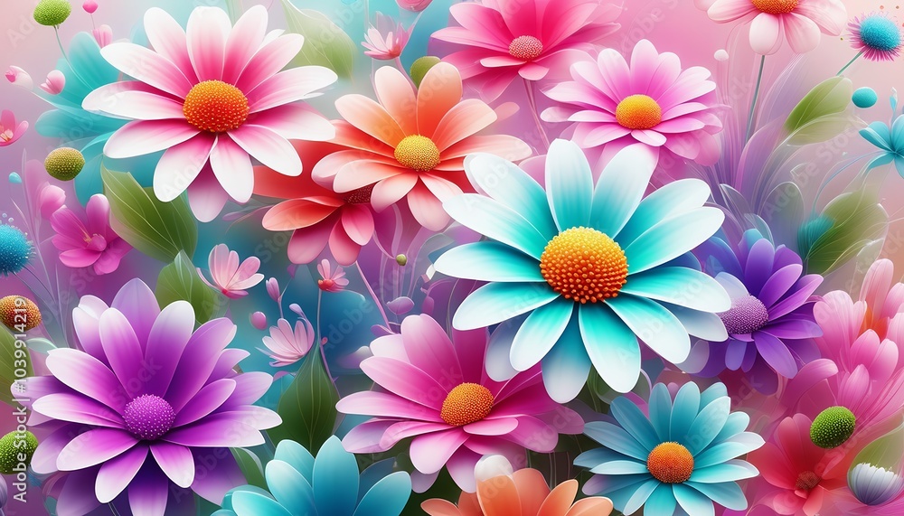 Illustration of cartoon flower and leaf wallpaper, with bright colors and an abstract style Illustration of cartoon flower and leaf wallpaper, with bright colors and an abstract style