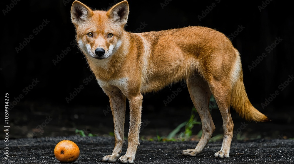 Fototapeta premium A red wolf standing on a black background with an orange ball in front of it.