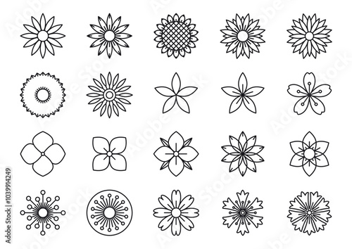 Set of flower icons. Collection of monochrome abstract flower heads. Vector 10 EPS.