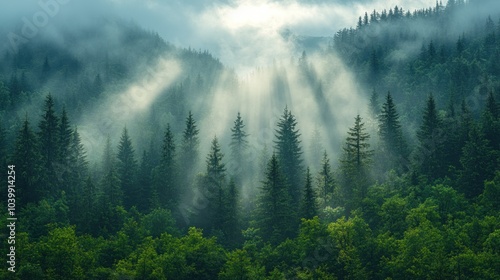 Misty forest with sunlight rays filtering through trees.