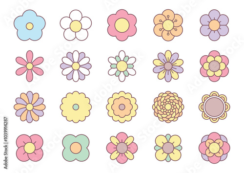 Set of retro flower icons. Collection of colorful abstract flower heads. Vector 10 EPS.