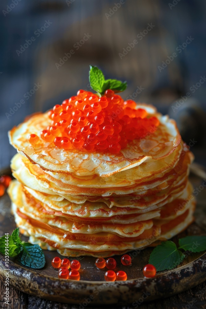 Delicious Stack of Crepes with Red Caviar Topping and Fresh Herbs on Elegant Plate Delicious Stack of Crepes with Red Caviar Topping and Fresh Herbs on Elegant Plate