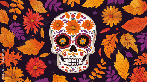 Sugar Skull with Autumn Leaves and Marigolds for Día de los Muertos