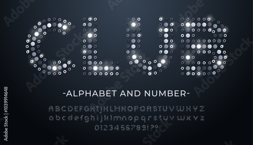 Silver font made of silver glittering sequins. Alphabet from sparkling metallic dots, with glitter numbers, upper and lower case letters.