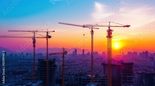 Construction cranes at sunset over a city skyline.