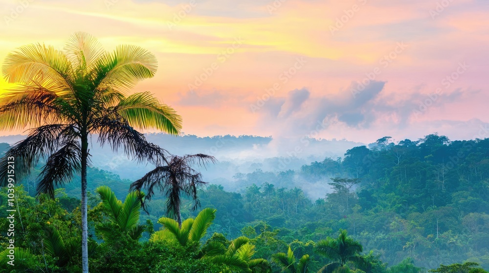 Vibrant tropical landscape at sunset with palm trees and misty atmosphere. Vibrant tropical landscape at sunset with palm trees and misty atmosphere.
