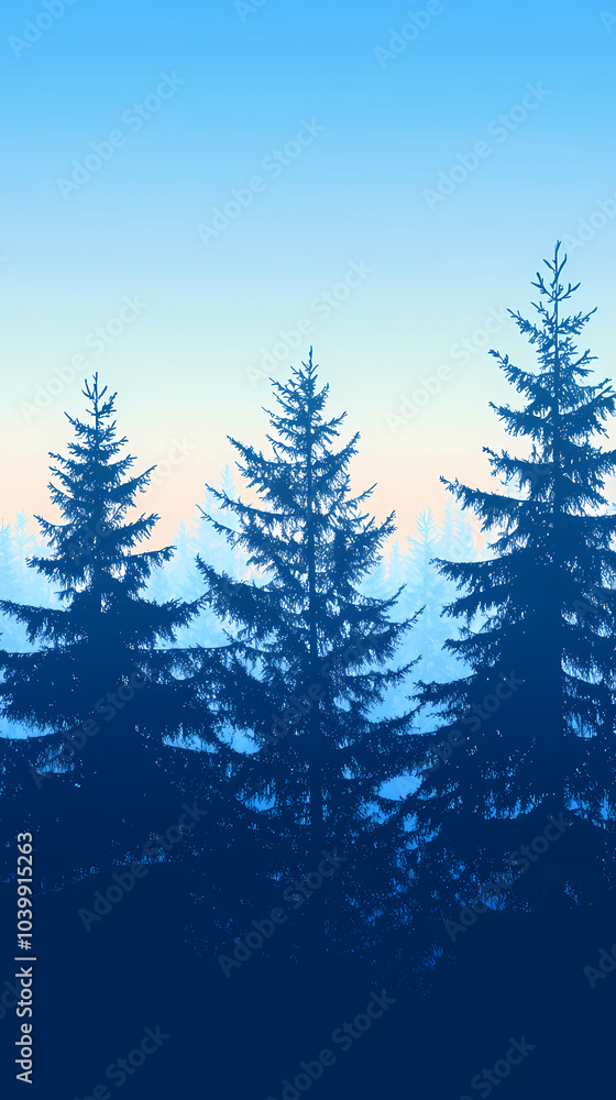 Obraz premium Winter forest silhouettes of fir trees and spruces with wood tree background.