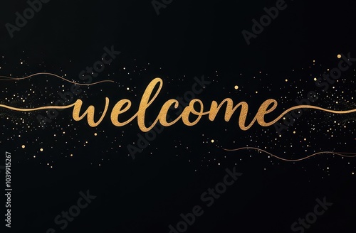 welcome text with abstract golden lines on black background