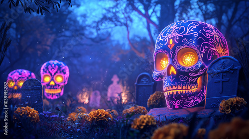 Mystical Graveyard with Glowing Sugar Skulls in Enchanted Forest photo