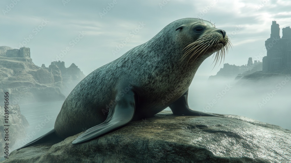 Obraz premium Sea lion resting on a rocky shore in misty landscape