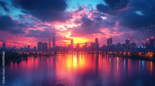 Vibrant sunset over a city skyline reflected in water.