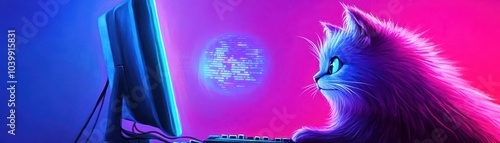 A tech-savvy cat mascot hacking into a computer screen, holographic data floating around, Cyberpunk, bright neon, digital painting