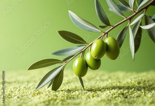 Ripe green olive fruit on branch of the tree cultivated in organic orchard in mediterranean region
 photo