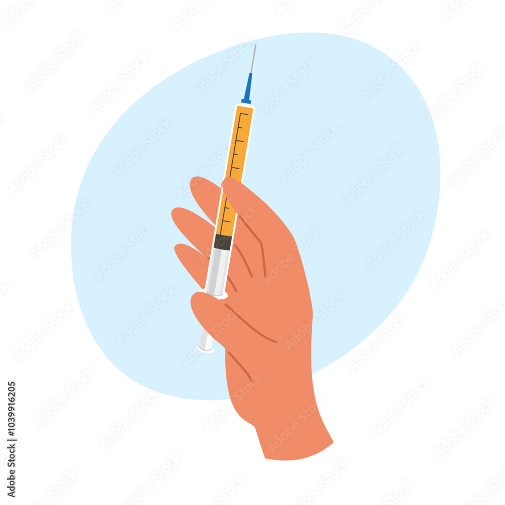 Hand with a syringe, ready for injection. Health care and vaccination illustration Hand with a syringe, ready for injection. Health care and vaccination illustration