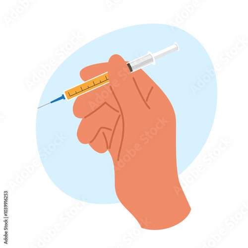 Hands holding a syringe for medical injection. Beauty procedure, health care and vaccination