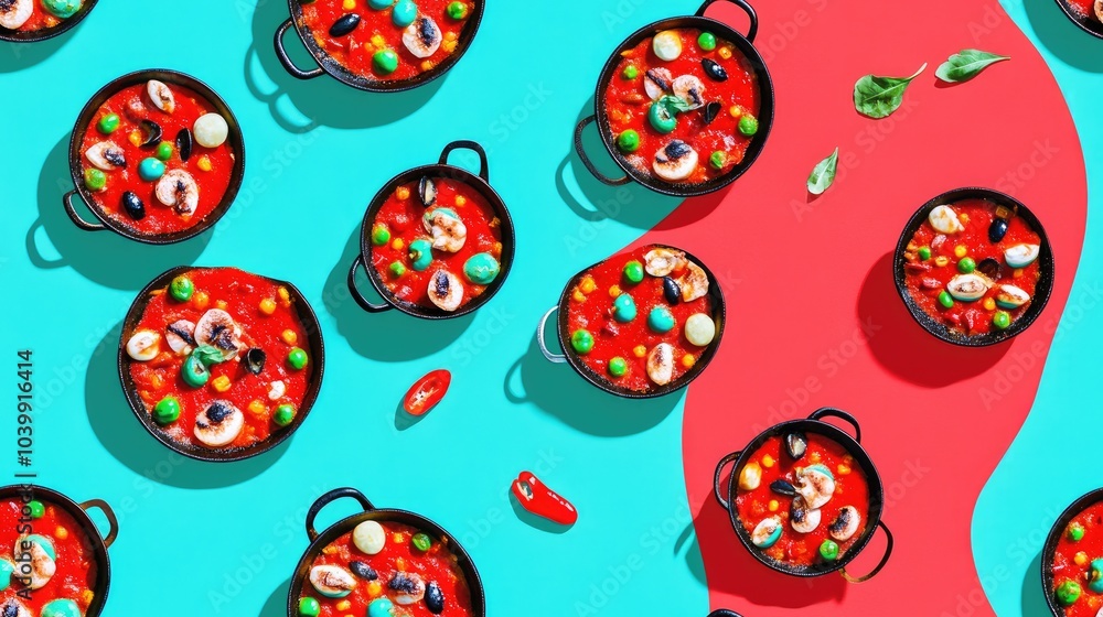 A repeating pattern of mini paella pans with colorful ingredients on a blue and red background. A repeating pattern of mini paella pans with colorful ingredients on a blue and red background.