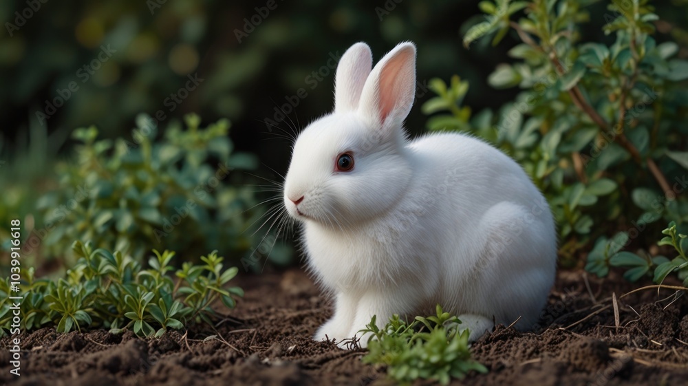 Fototapeta premium A white rabbit with red eyes sits in a garden, looking to the left.