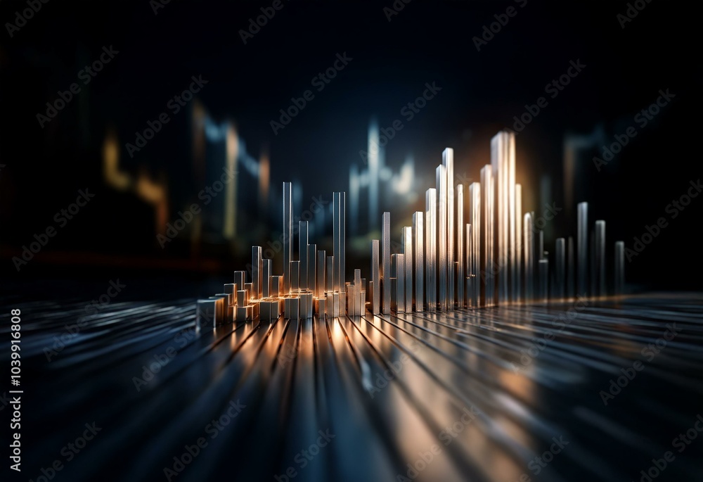 A cityscape made of silver bars with a warm glow and a blurred backdrop of a city at night. A cityscape made of silver bars with a warm glow and a blurred backdrop of a city at night.