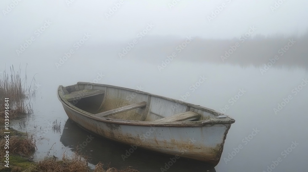 Abandoned Boat on Misty Waterway at Dawn Abandoned Boat on Misty Waterway at Dawn