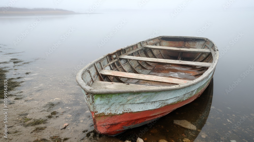 Foggy Scene with Abandoned Boat on Still Water Foggy Scene with Abandoned Boat on Still Water