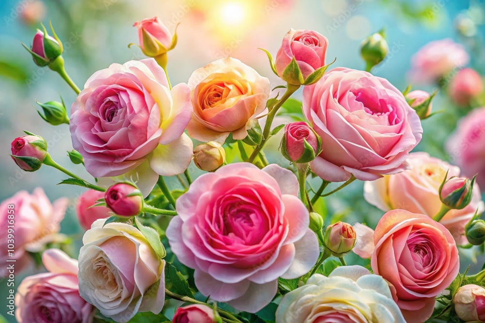 Delicate Blooming Roses with Festive Lights in Soft Pastel Background for Floral Card Design Delicate Blooming Roses with Festive Lights in Soft Pastel Background for Floral Card Design