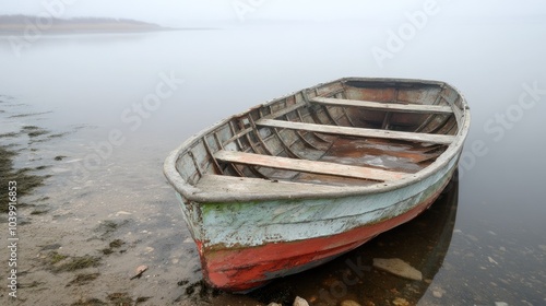 Foggy Scene with Abandoned Boat on Still Water