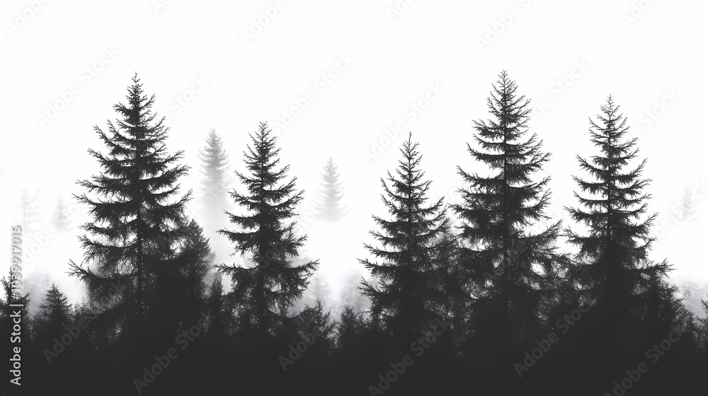 Fototapeta premium Winter forest silhouettes of fir trees and spruces with wood tree background.