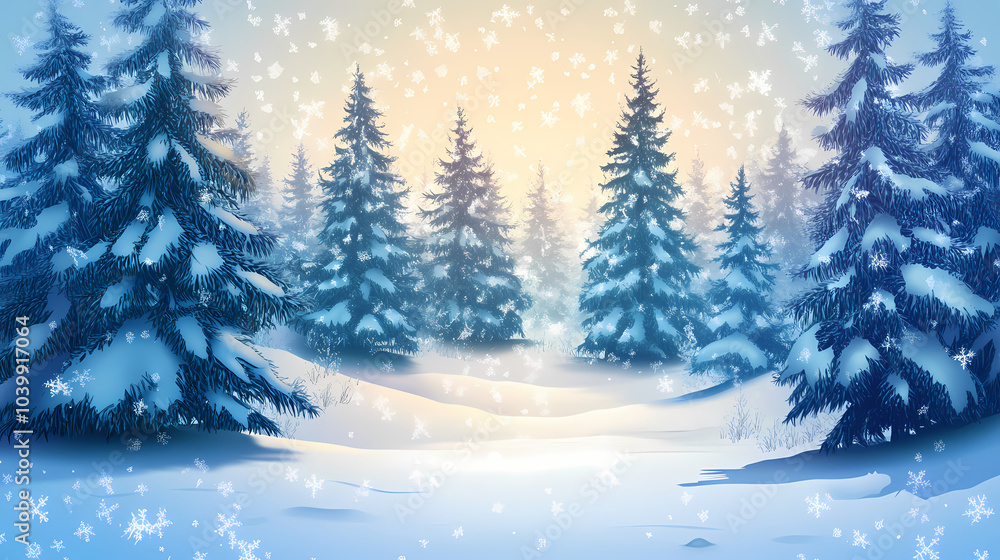 Obraz premium Winter forest silhouettes of fir trees and spruces with wood tree background.