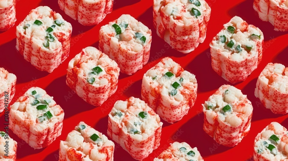 A repeating pattern of sushi rolls on a red background. A repeating pattern of sushi rolls on a red background.
